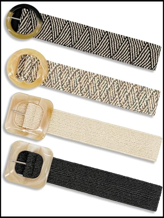 Straw Woven Elastic Stretchy Waist Belts for Women, Boho Rattan Raffia
